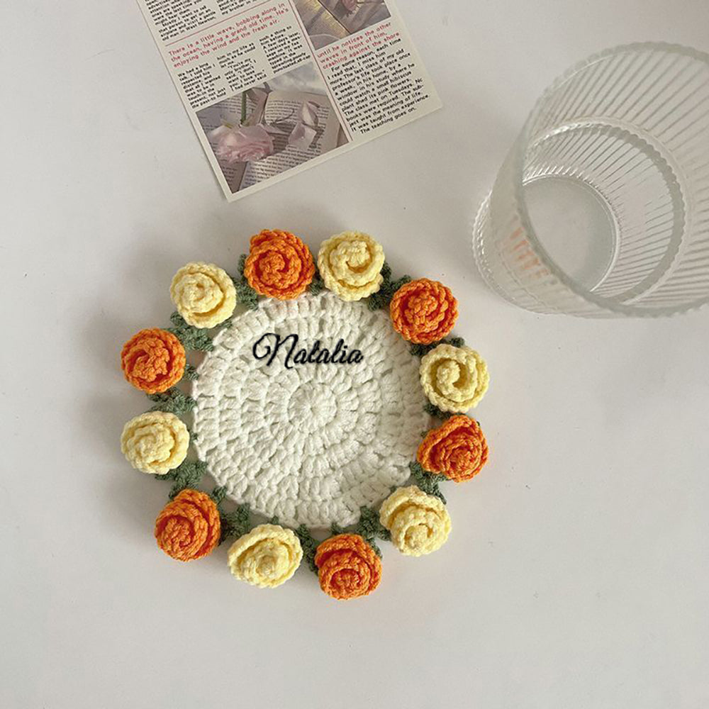 Customized Name Coaster Creative Gift Bouquet Crocheted Cup Finished Rose Bouquet Handmade Hand-Held Flower Woven Coaster